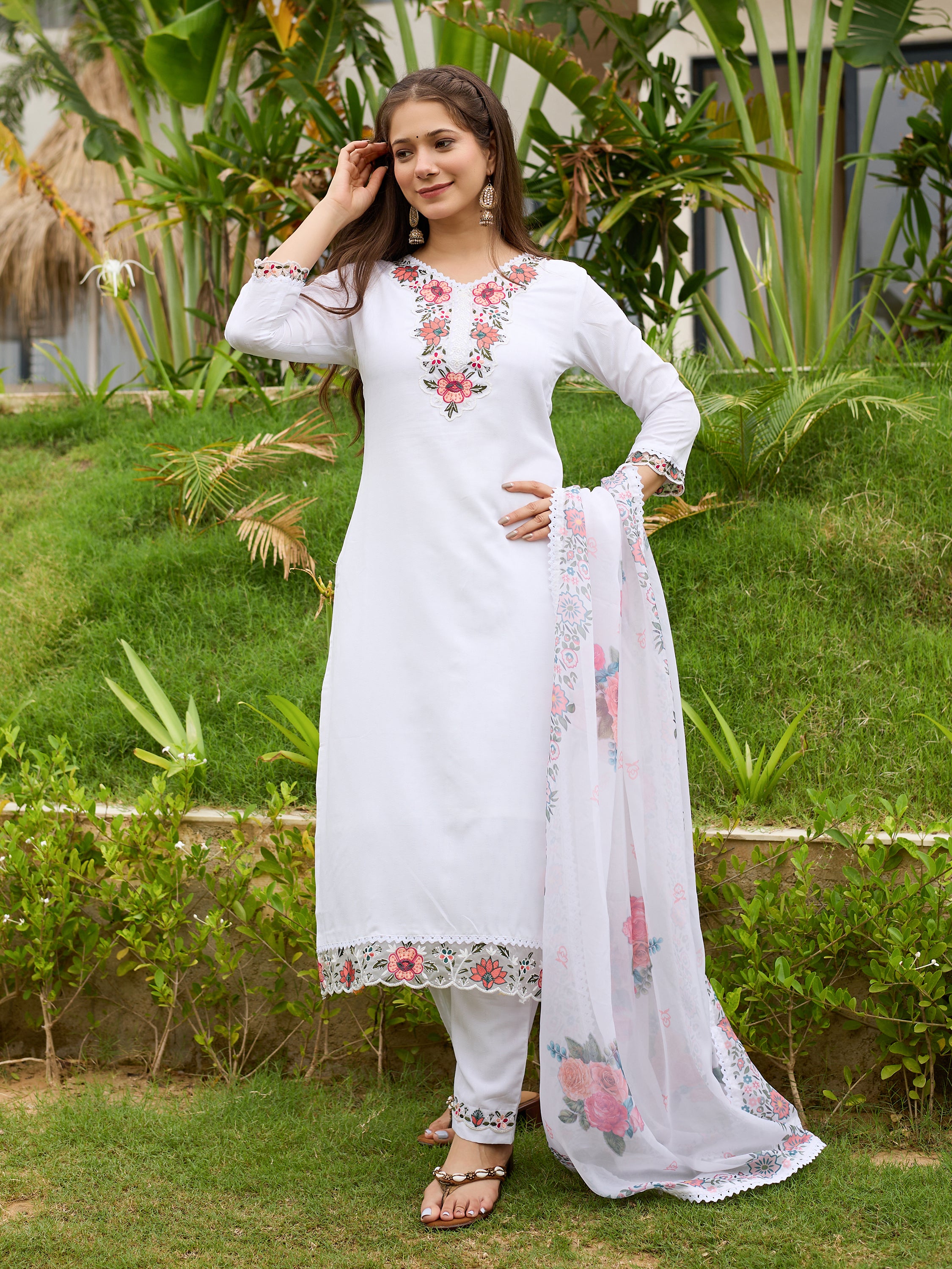 White Premium Viscose Cotton Lining Embroidered Kurta Set with Dupatta