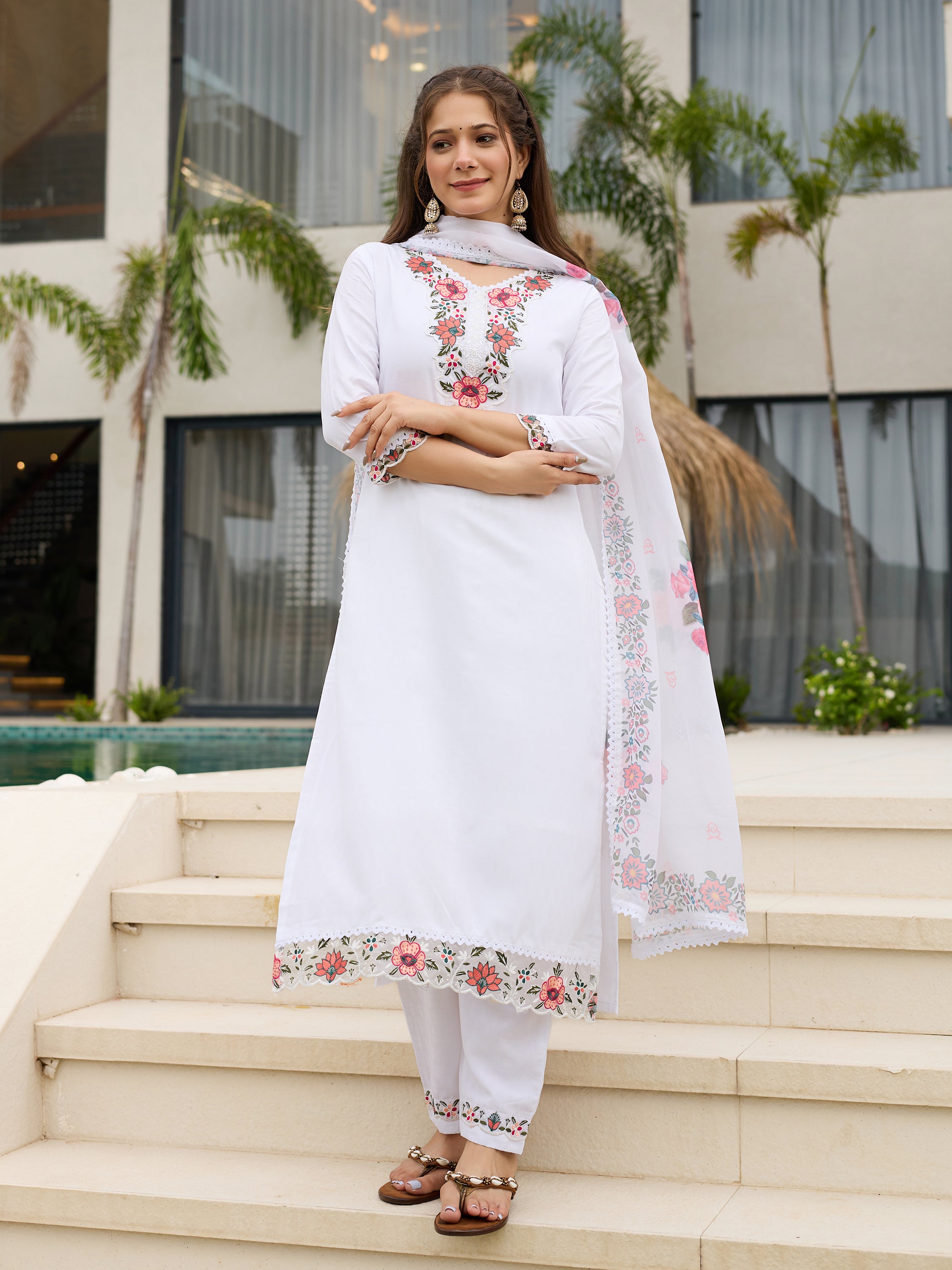 White Premium Viscose Cotton Lining Embroidered Kurta Set with Dupatta