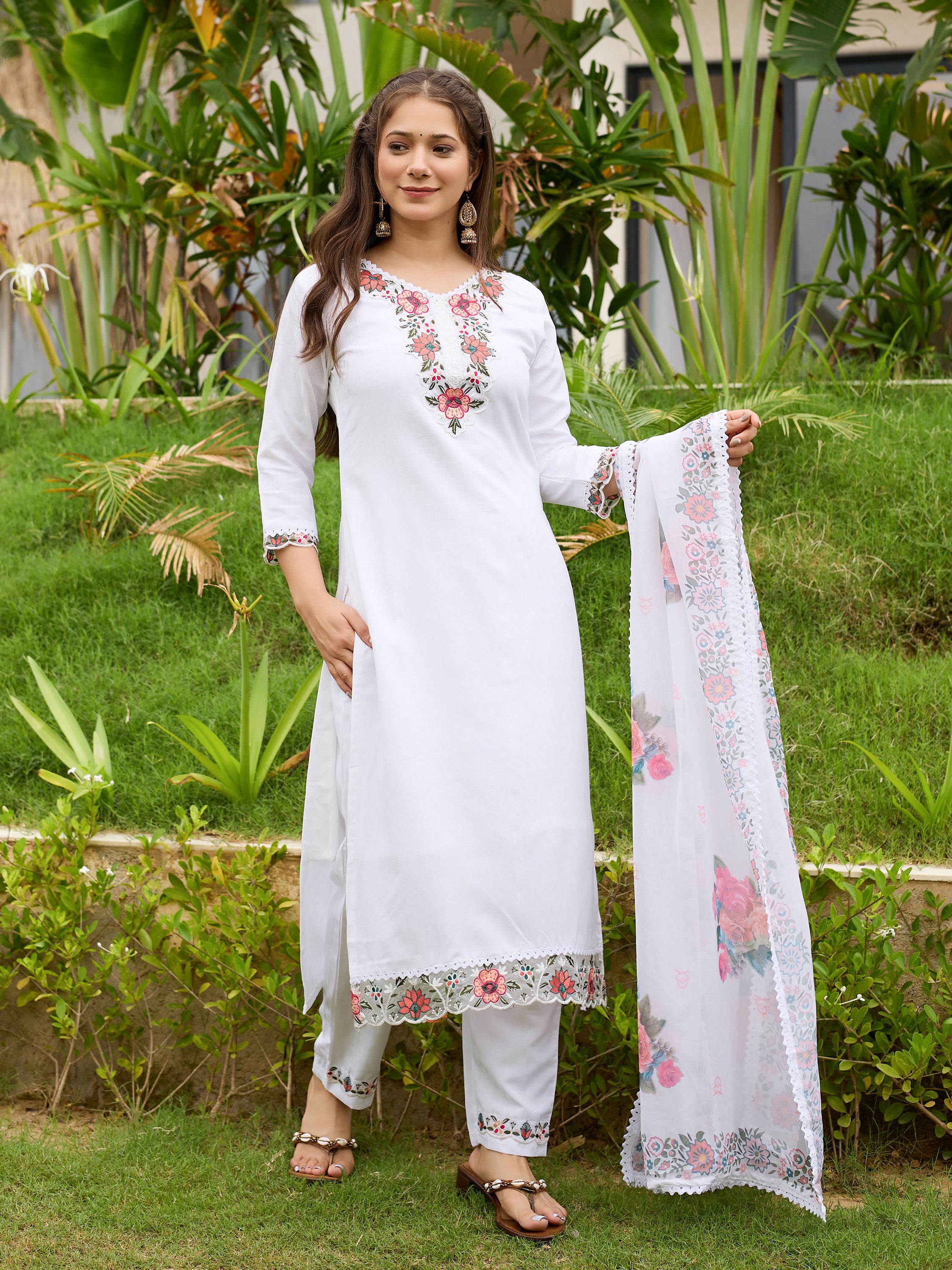 White Premium Viscose Cotton Lining Embroidered Kurta Set with Dupatta