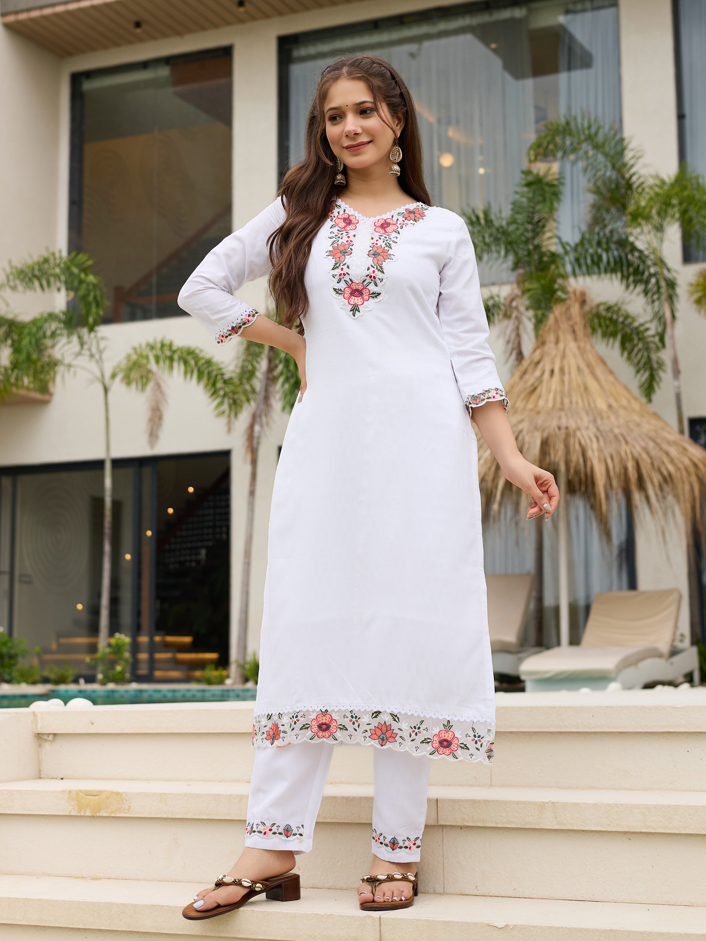 White Premium Viscose Cotton Lining Embroidered Kurta Set with Dupatta