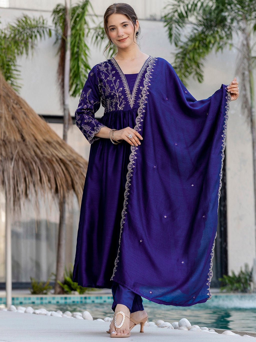 Royal Purple Embroidered Kurta Set | Vichitra Silk Dupatta