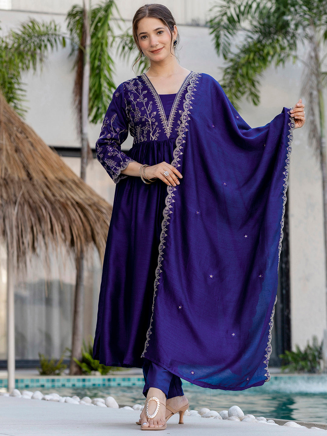Royal Purple Embroidered Kurta Set | Vichitra Silk Dupatta