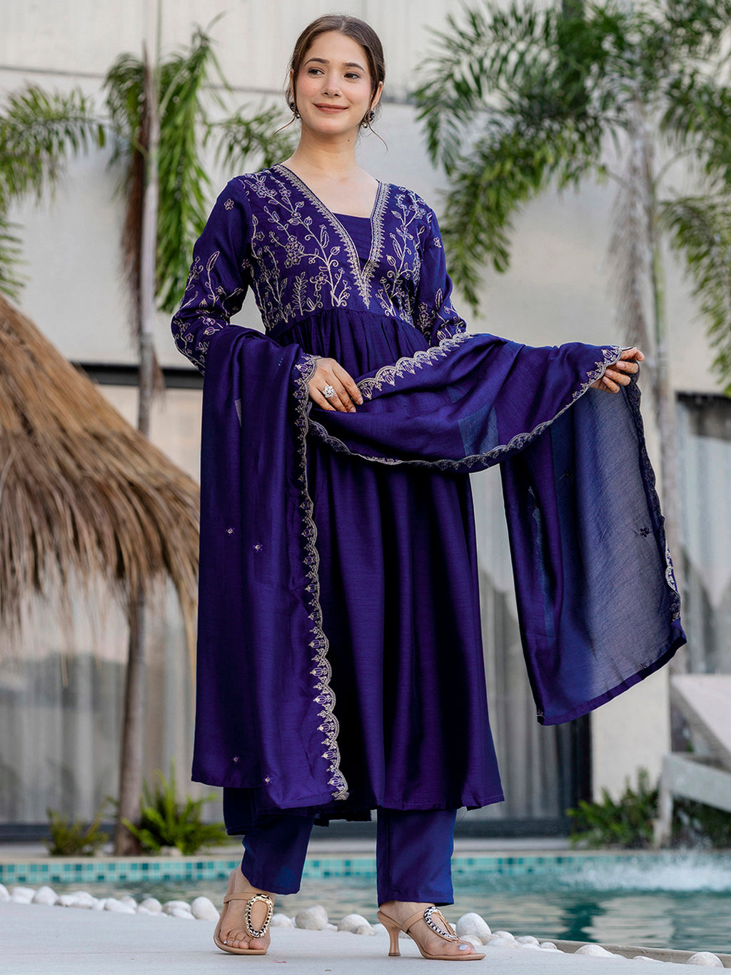 Royal Purple Embroidered Kurta Set | Vichitra Silk Dupatta