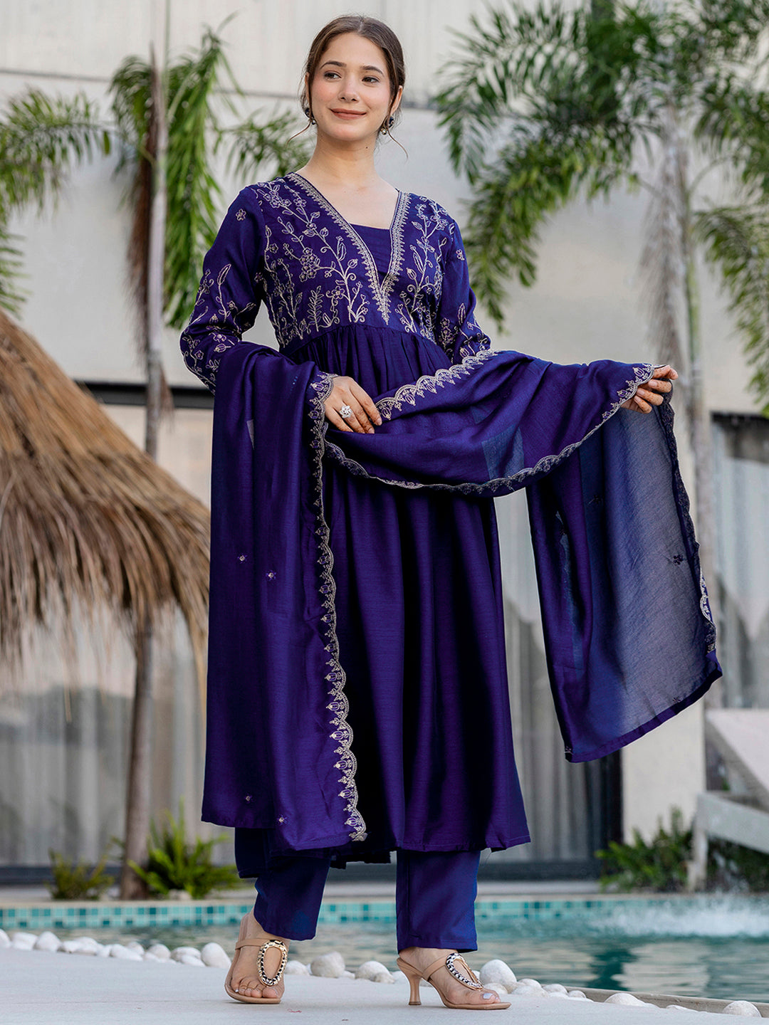 Royal Purple Embroidered Kurta Set | Vichitra Silk Dupatta