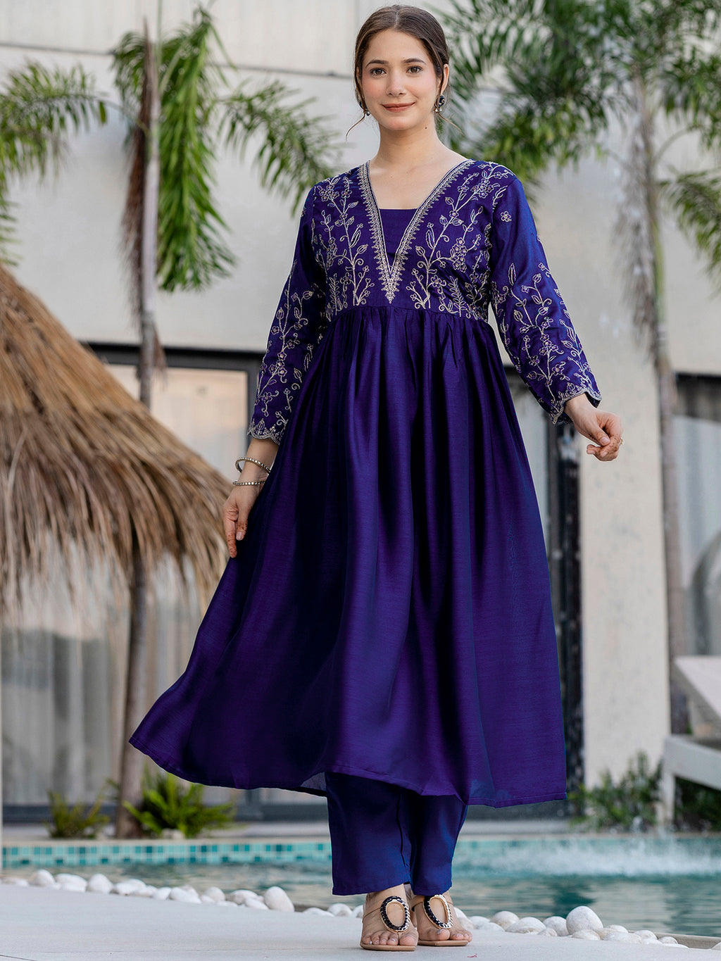 Royal Purple Embroidered Kurta Set | Vichitra Silk Dupatta