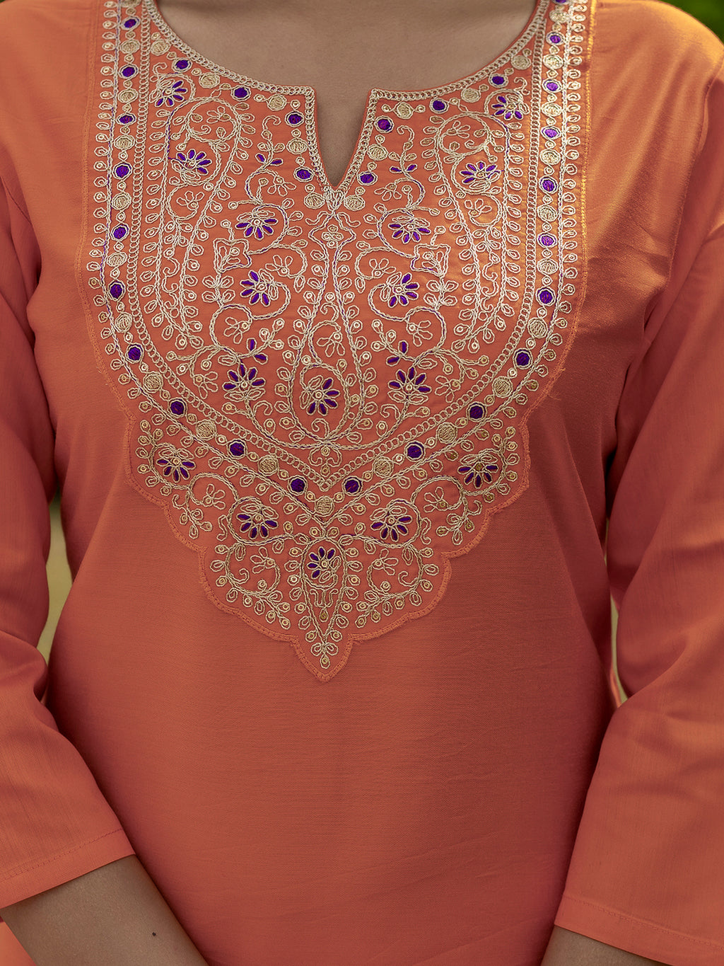 Orange Premium Rayon Embroidered Kurta Set with Dupatta