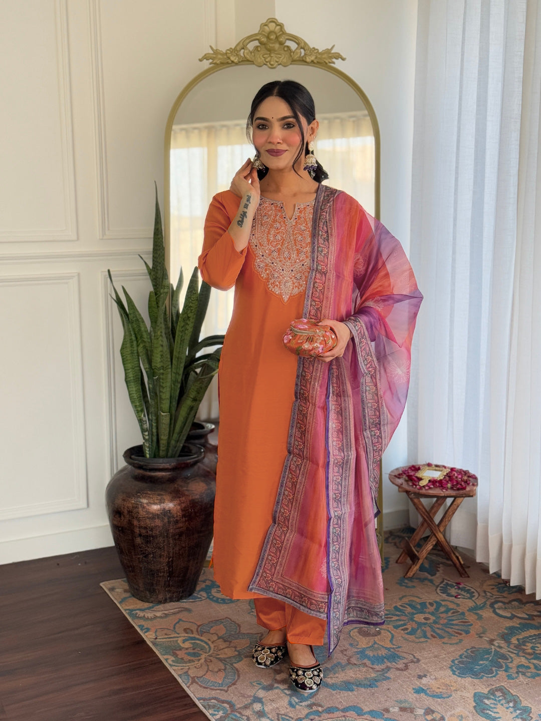 Orange Premium Rayon Embroidered Kurta Set with Dupatta