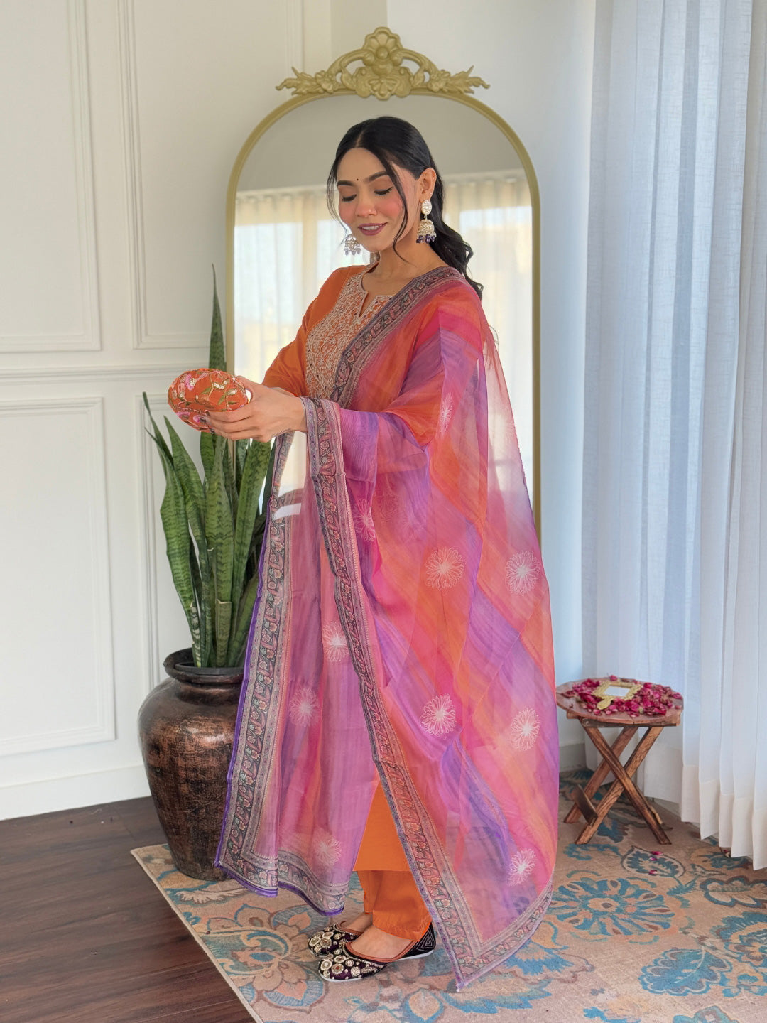 Orange Premium Rayon Embroidered Kurta Set with Dupatta