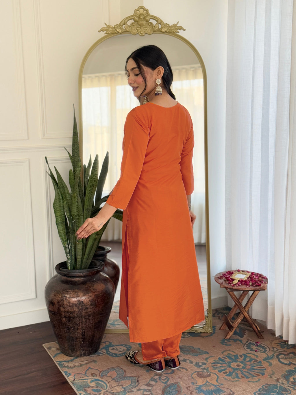 Orange Premium Rayon Embroidered Kurta Set with Dupatta