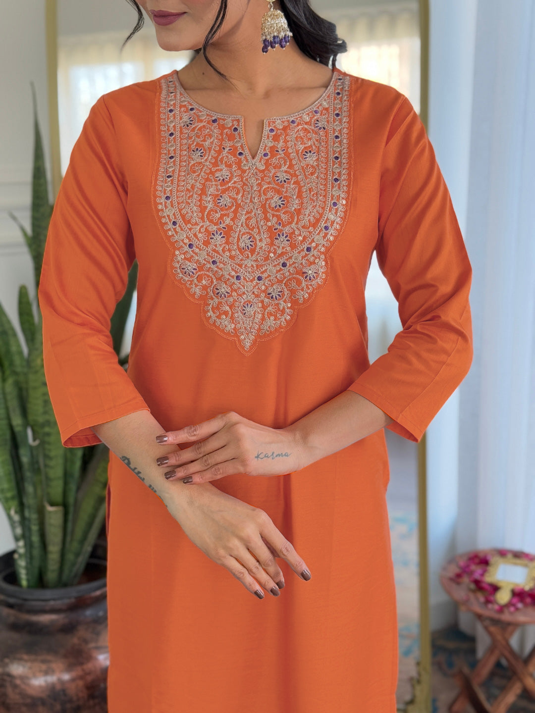 Orange Premium Rayon Embroidered Kurta Set with Dupatta