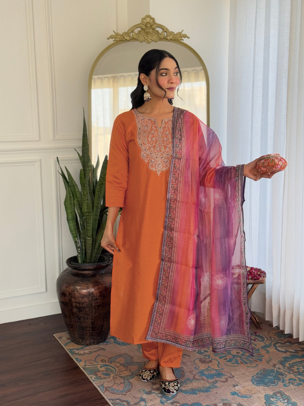 Orange Premium Rayon Embroidered Kurta Set with Dupatta