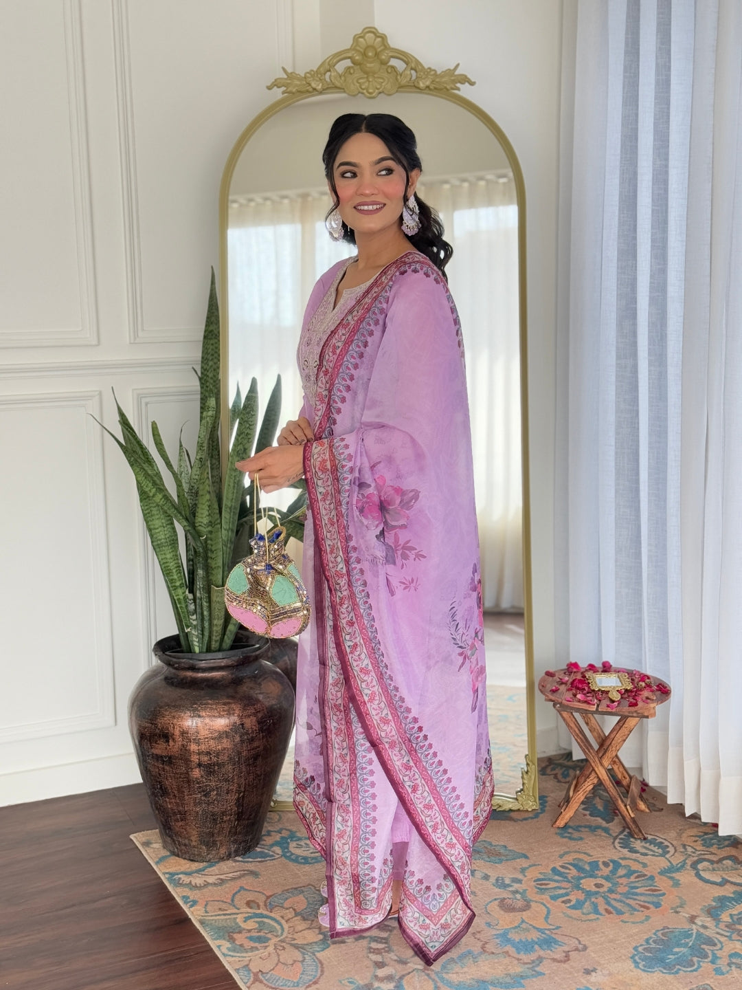 Lavender Premium Rayon Embroidered Kurta Set with Dupatta