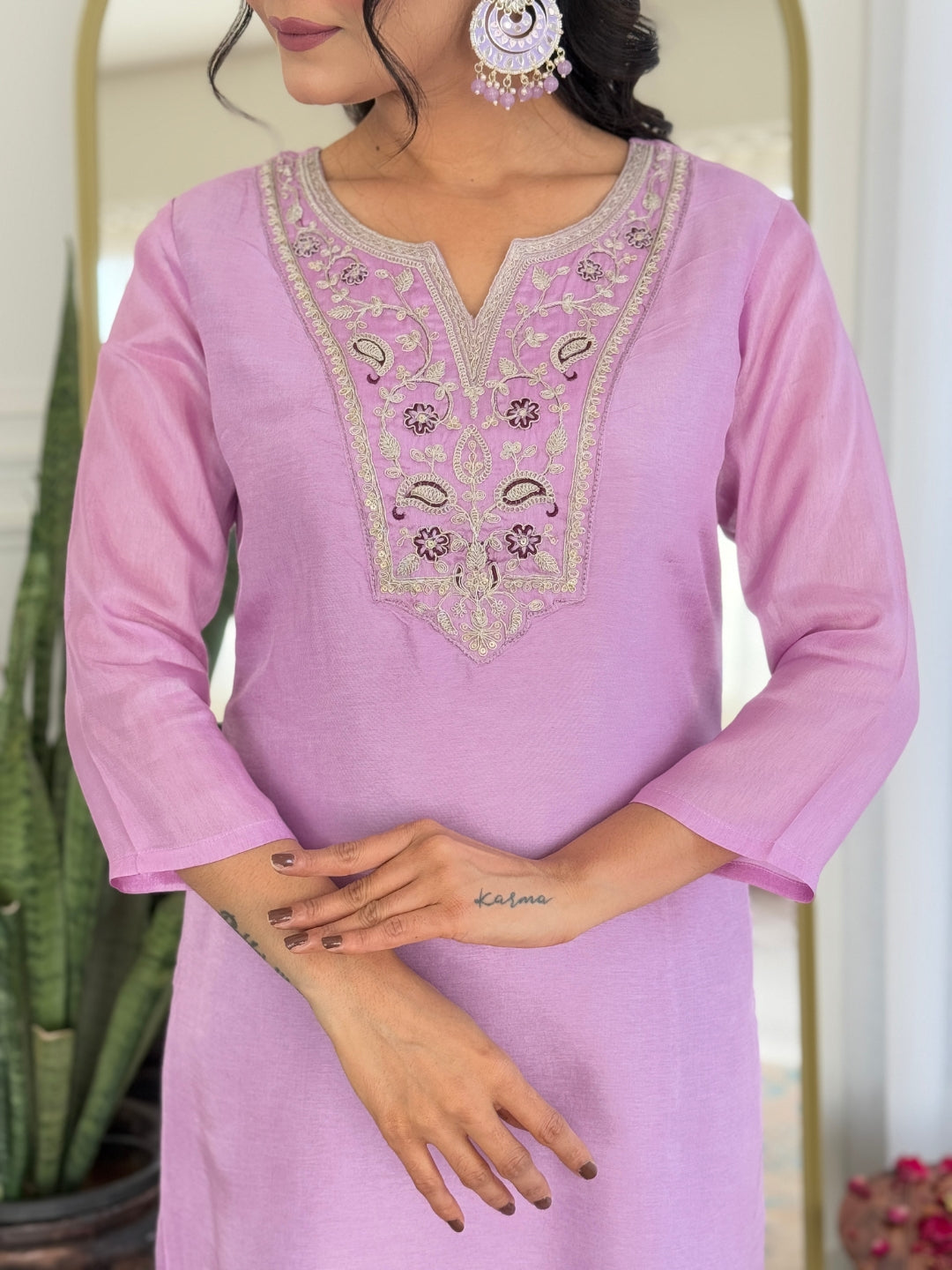 Lavender Premium Rayon Embroidered Kurta Set with Dupatta