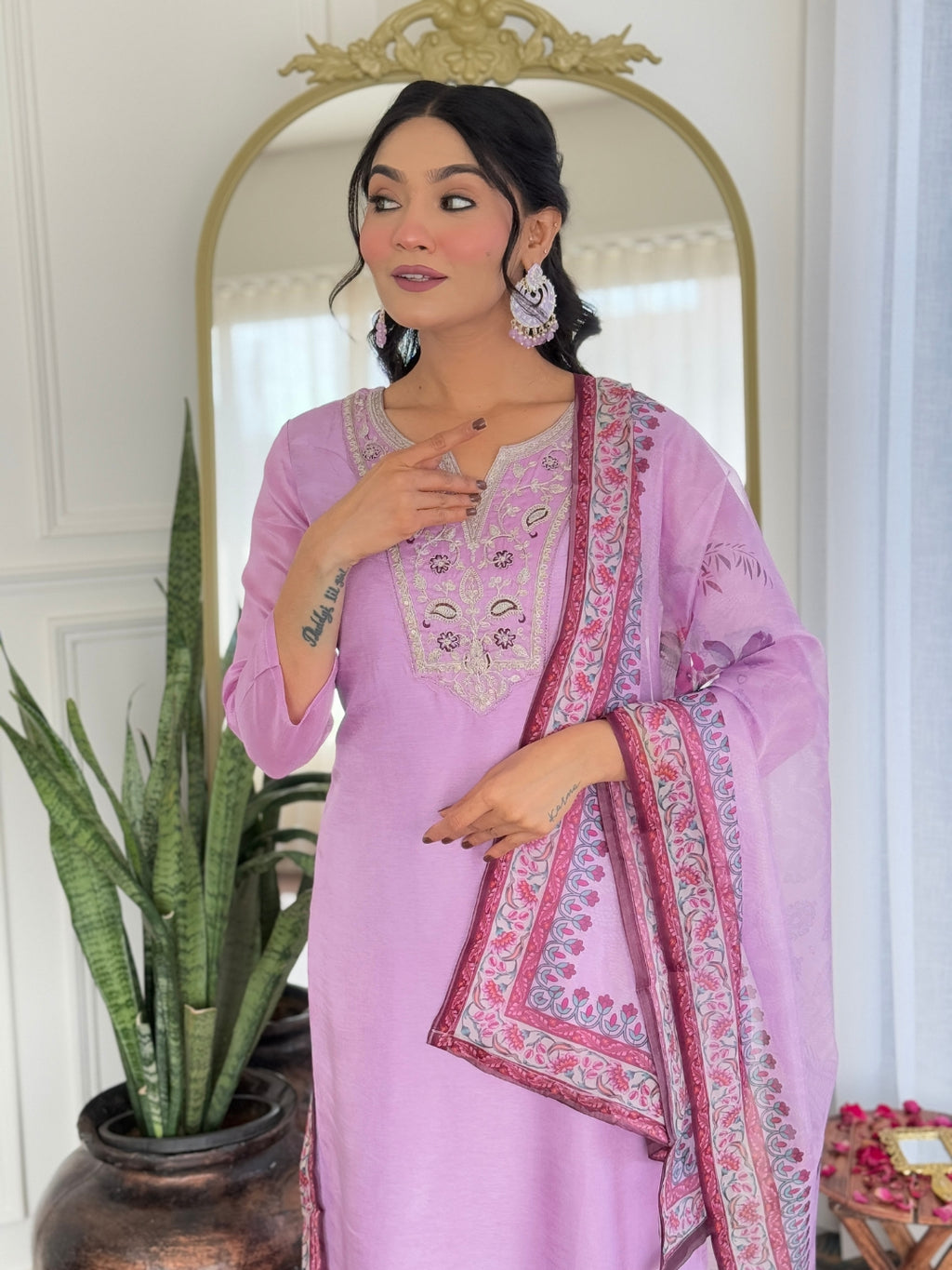 Lavender Premium Rayon Embroidered Kurta Set with Dupatta