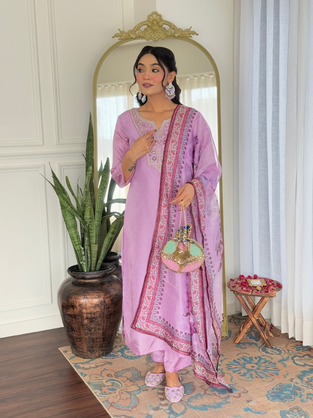 Lavender Premium Rayon Embroidered Kurta Set with Dupatta