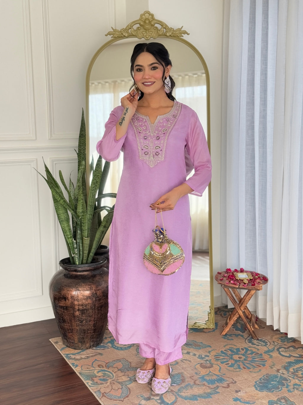 Lavender Premium Rayon Embroidered Kurta Set with Dupatta