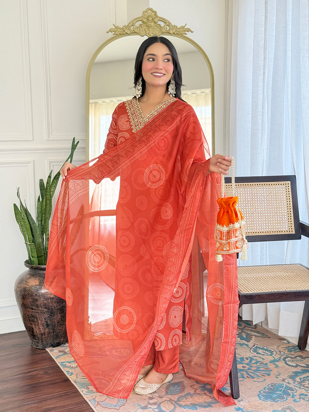 Orange Premium Rayon Embroidered Kurta Set with Dupatta