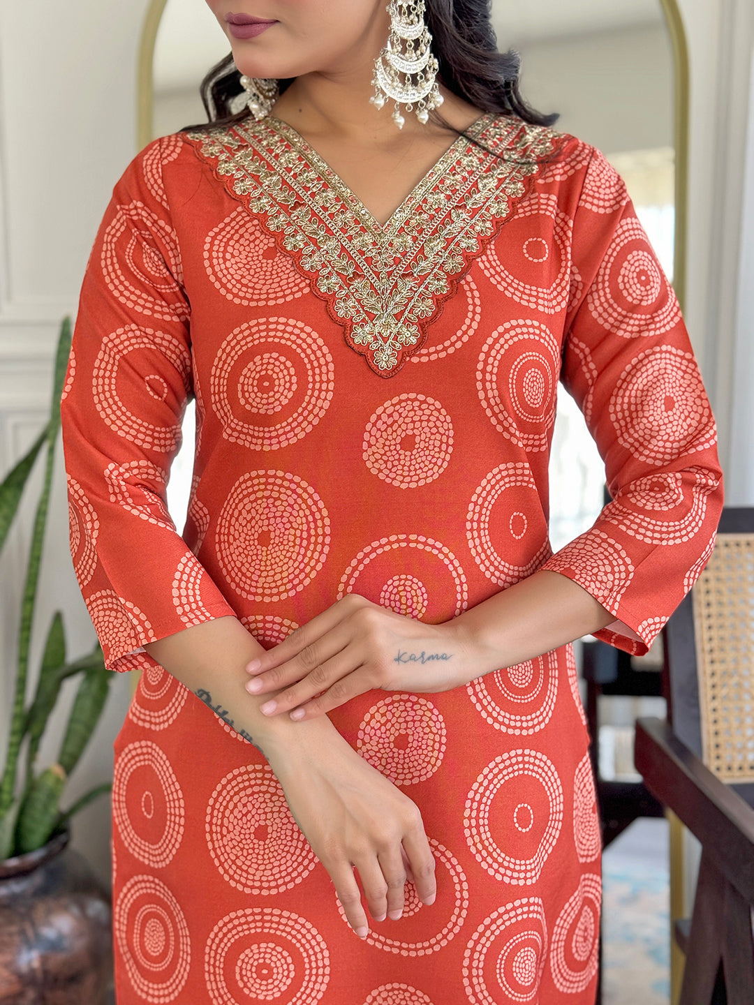 Orange Premium Rayon Embroidered Kurta Set with Dupatta