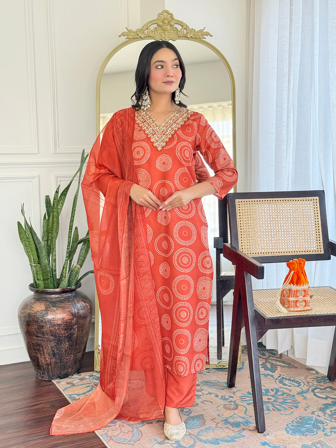 Orange Premium Rayon Embroidered Kurta Set with Dupatta