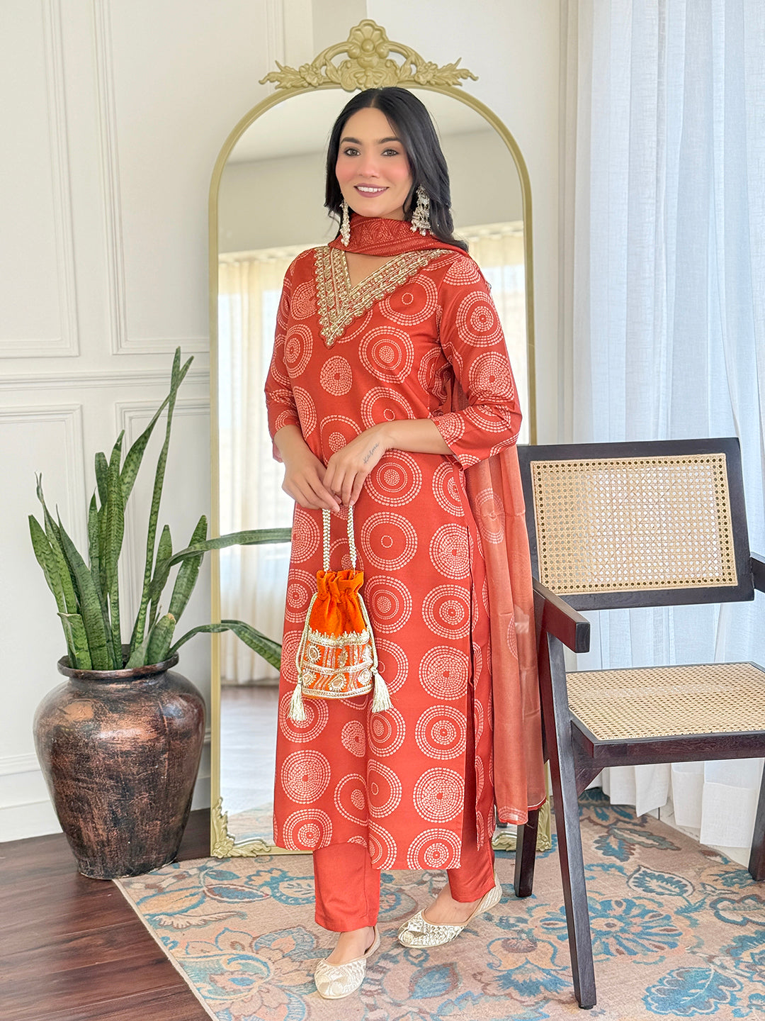Orange Premium Rayon Embroidered Kurta Set with Dupatta