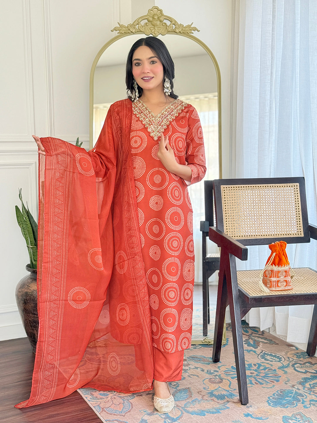Orange Premium Rayon Embroidered Kurta Set with Dupatta