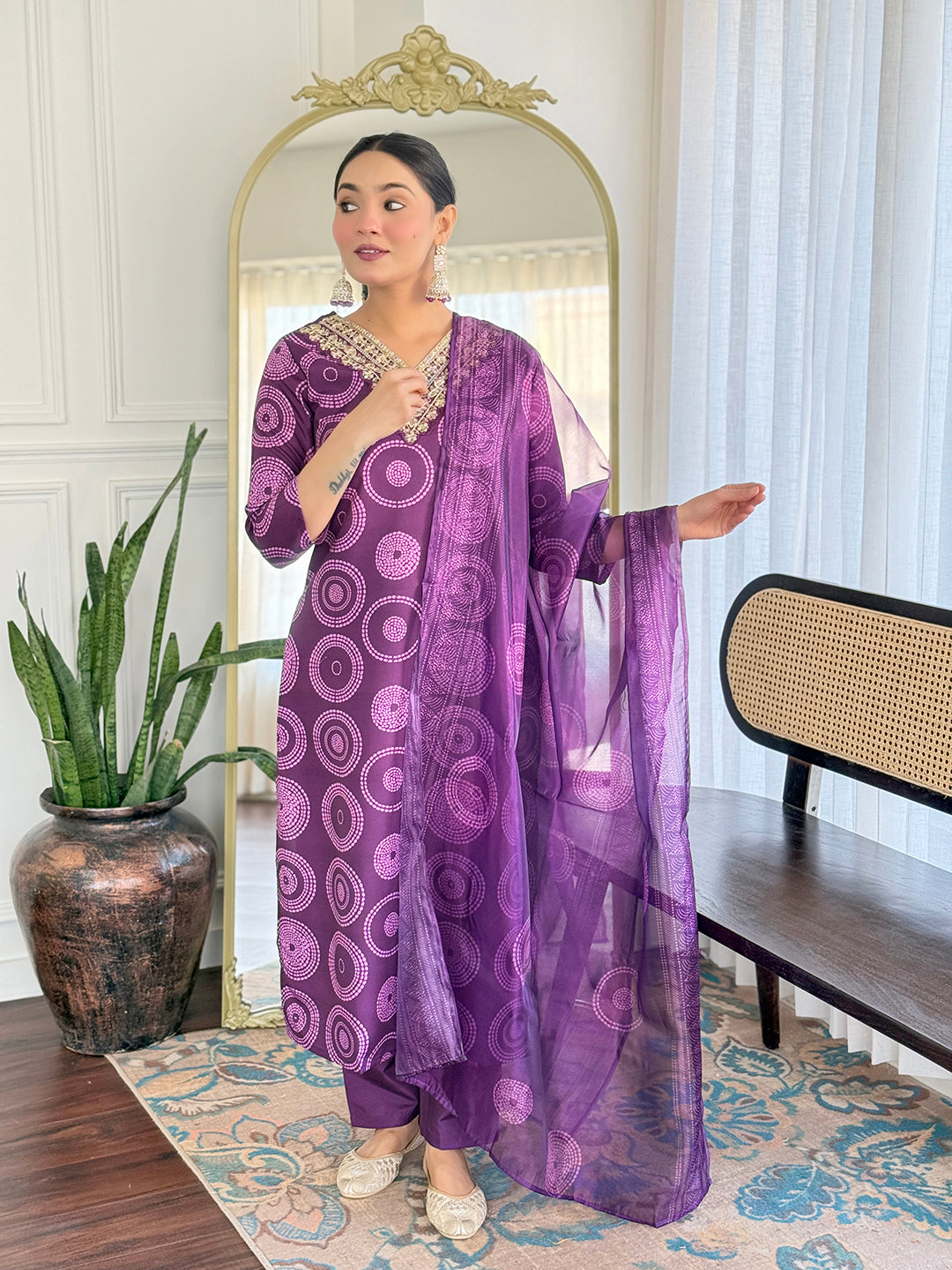 Purple Premium Rayon Embroidered Kurta Set with Dupatta