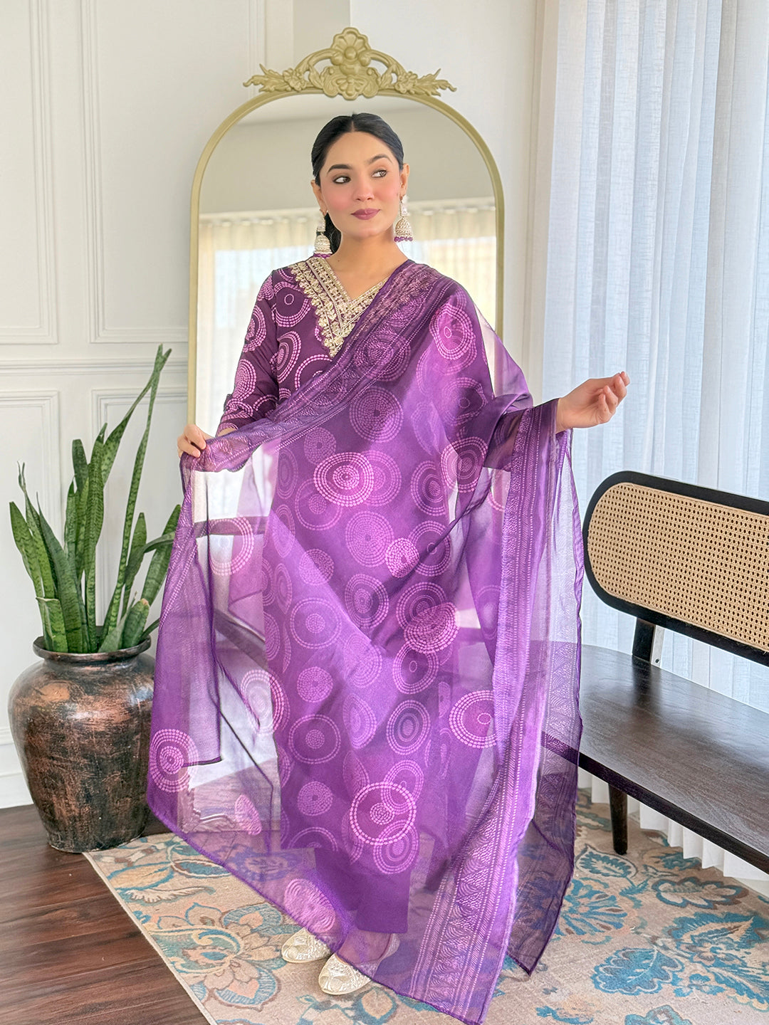 Purple Premium Rayon Embroidered Kurta Set with Dupatta