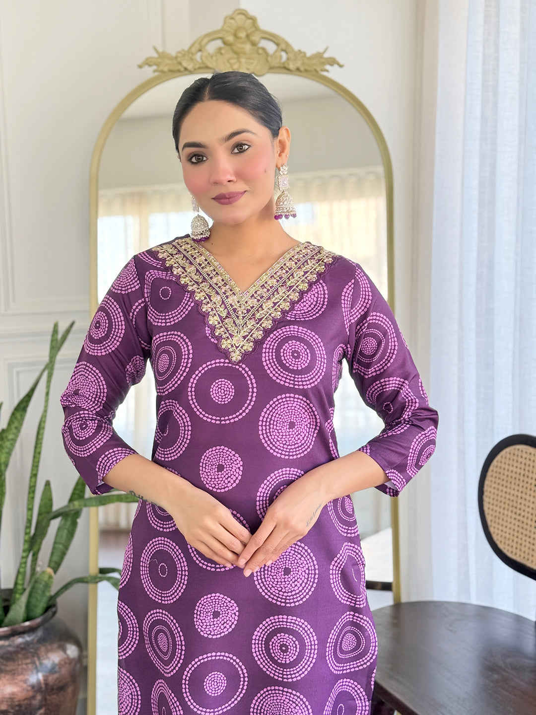 Purple Premium Rayon Embroidered Kurta Set with Dupatta
