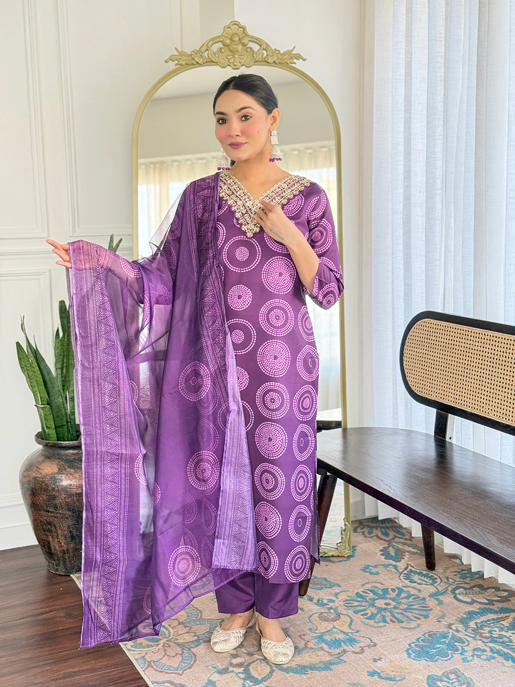 Purple Premium Rayon Embroidered Kurta Set with Dupatta