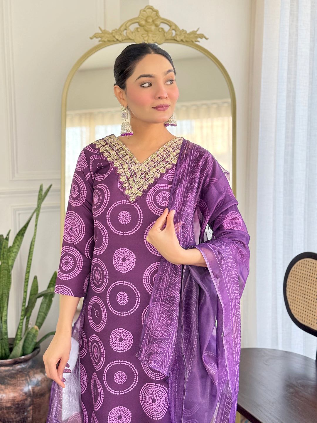 Purple Premium Rayon Embroidered Kurta Set with Dupatta
