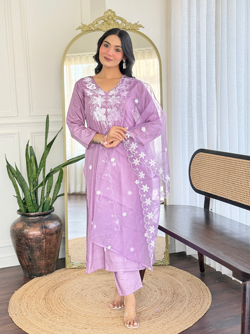 Lavender Premium Rayon Organza Embroidered Kurta Set with Dupatta