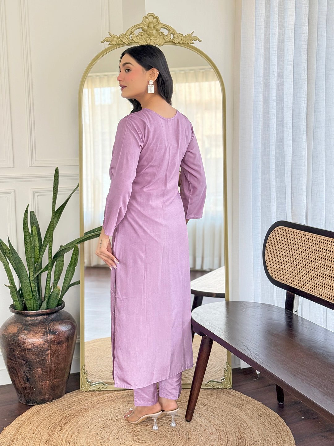 Lavender Premium Rayon Organza Embroidered Kurta Set with Dupatta