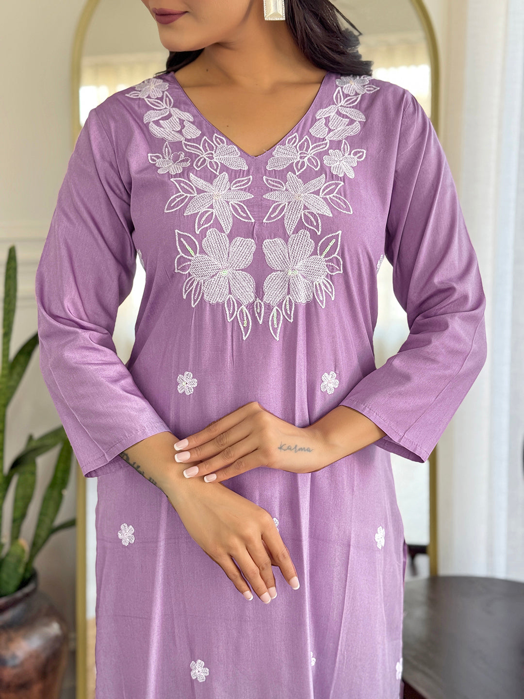Lavender Premium Rayon Organza Embroidered Kurta Set with Dupatta