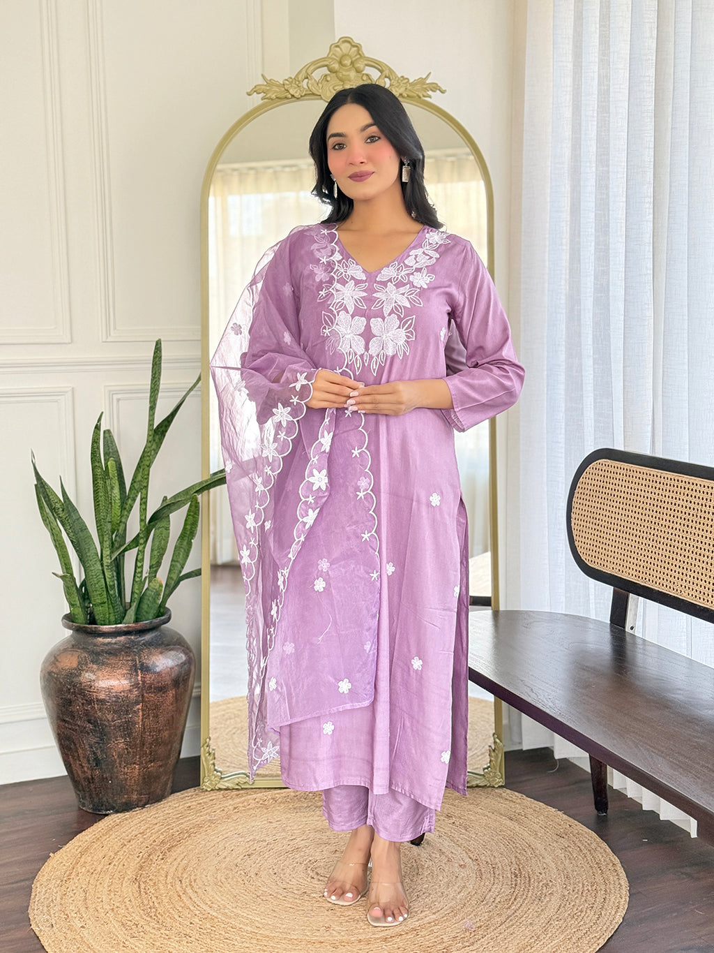 Lavender Premium Rayon Organza Embroidered Kurta Set with Dupatta