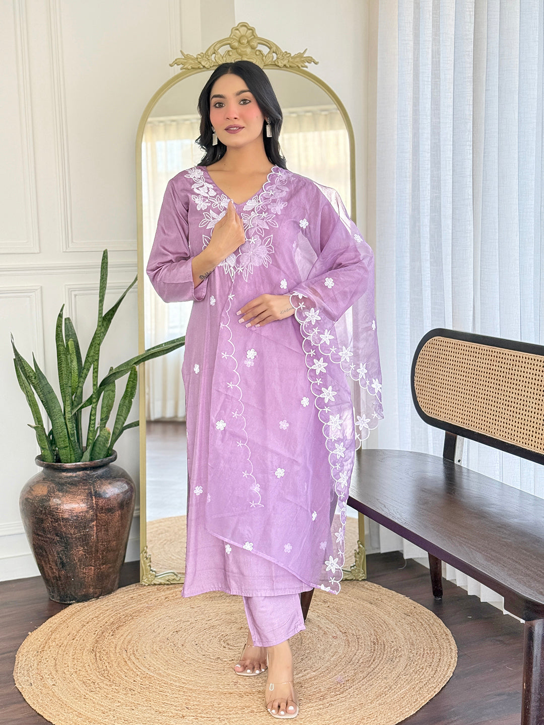 Lavender Premium Rayon Organza Embroidered Kurta Set with Dupatta