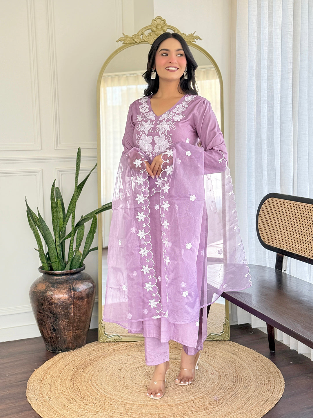 Lavender Premium Rayon Organza Embroidered Kurta Set with Dupatta