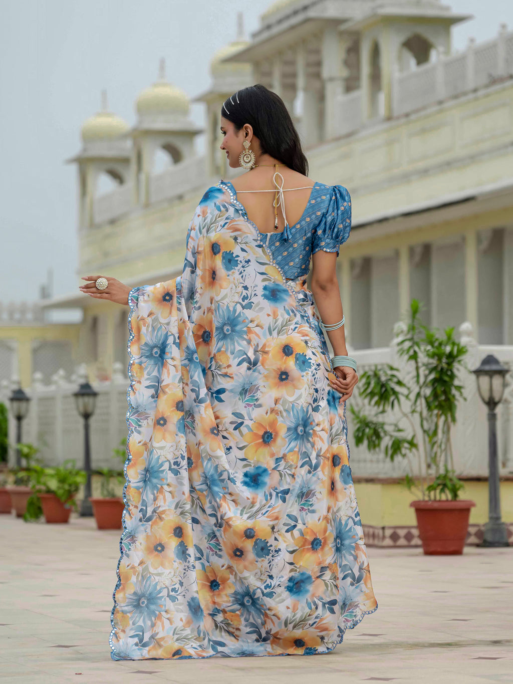 Ready to Wear Soft Ivory / Cream Heavy Chinnon Printed Saree