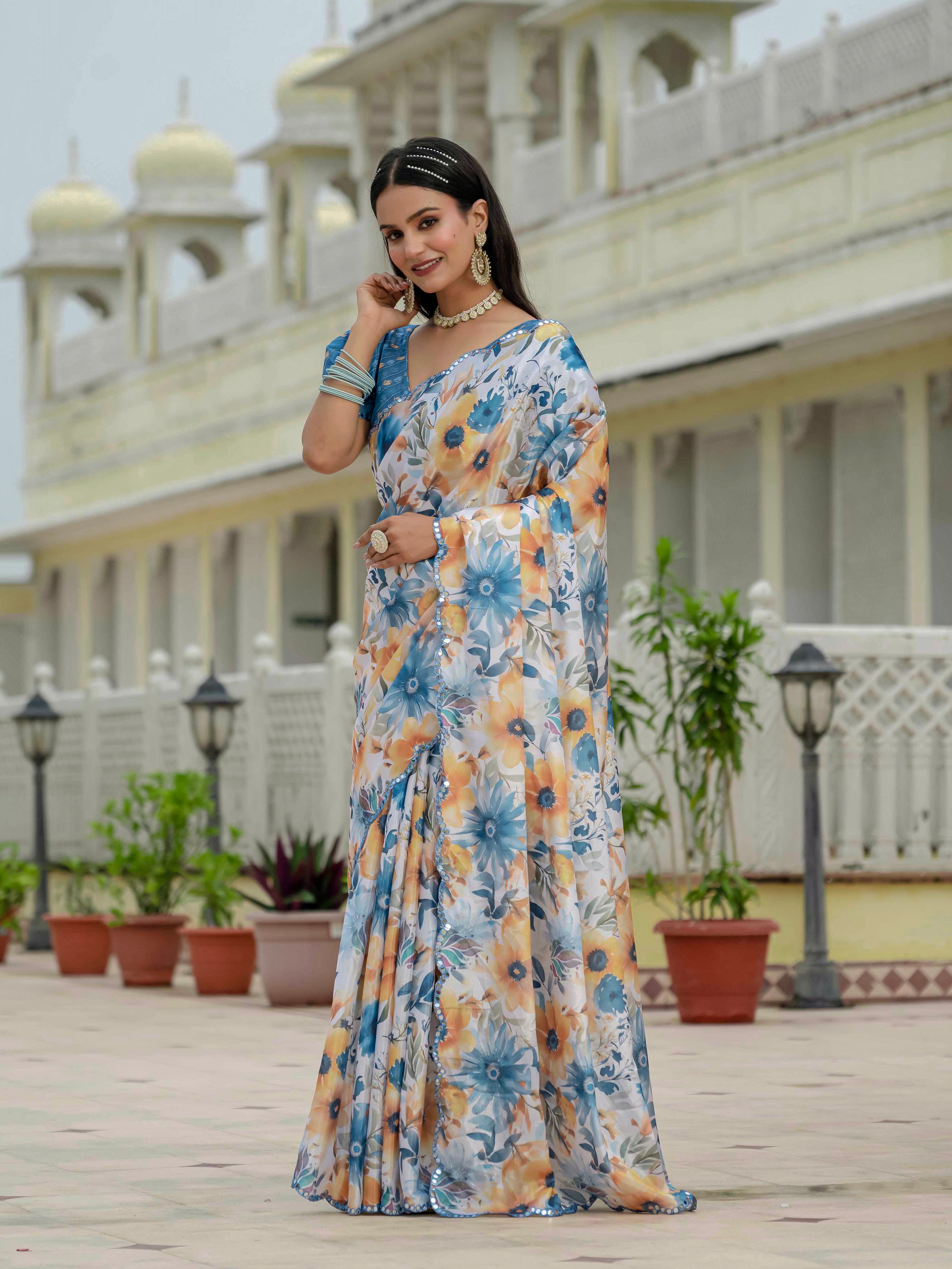 Ready to Wear Soft Ivory / Cream Heavy Chinnon Printed Saree