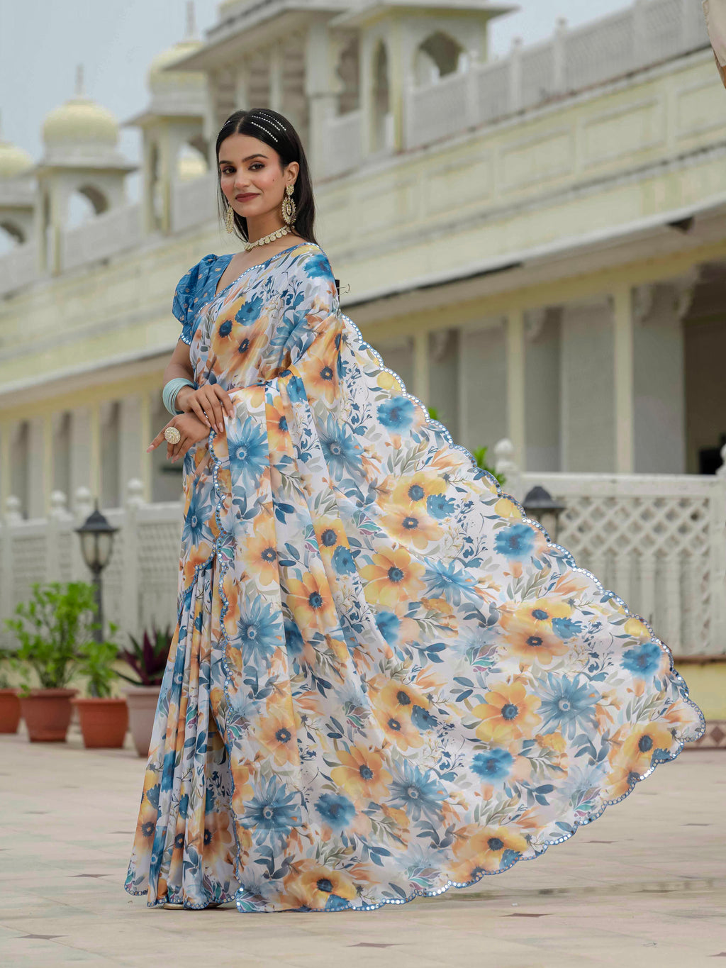 Ready to Wear Soft Ivory / Cream Heavy Chinnon Printed Saree