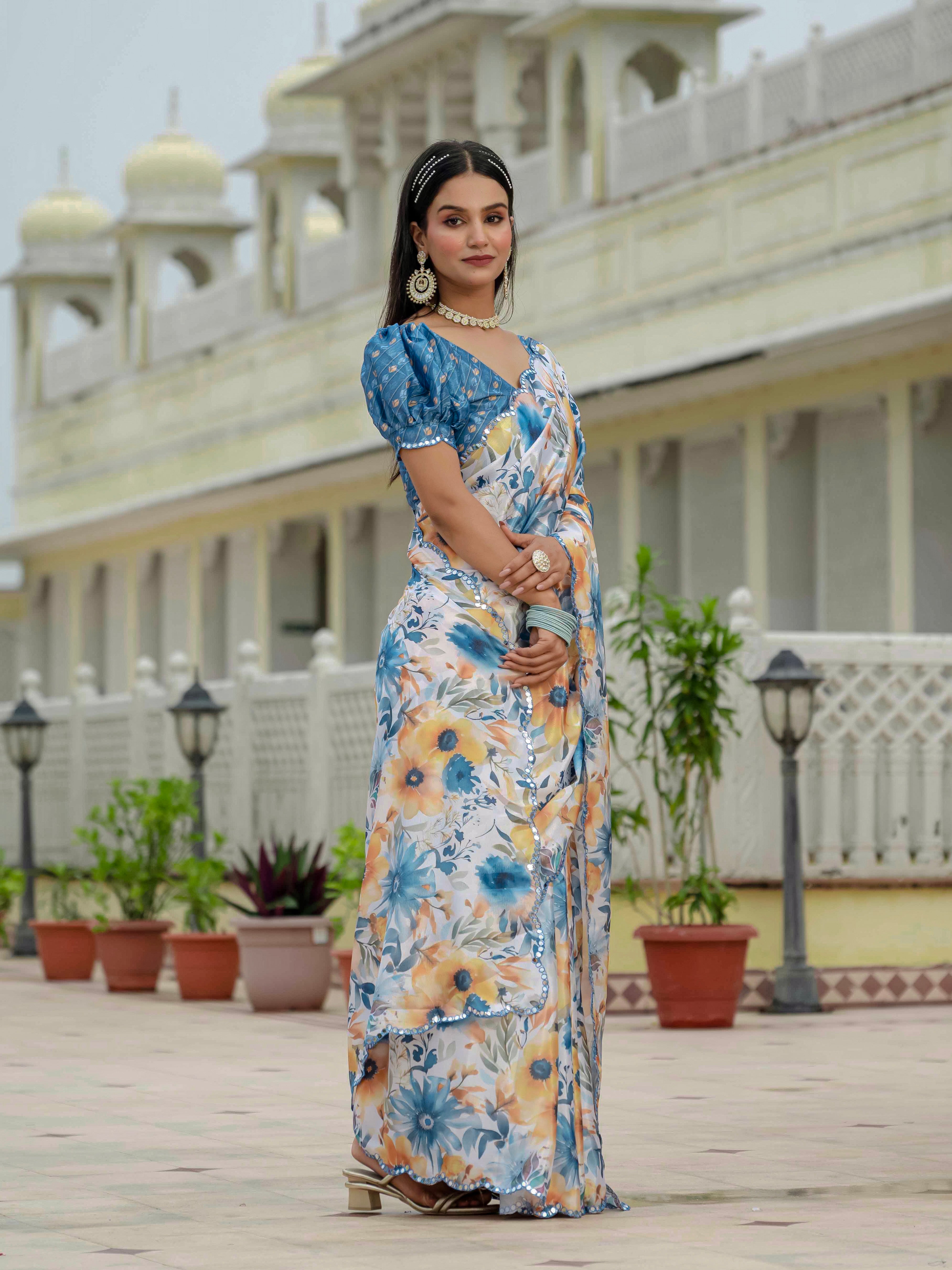 Ready to Wear Soft Ivory / Cream Heavy Chinnon Printed Saree