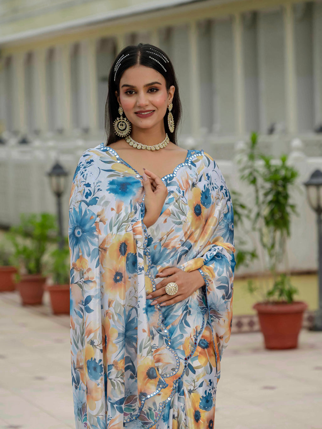 Ready to Wear Soft Ivory / Cream Heavy Chinnon Printed Saree