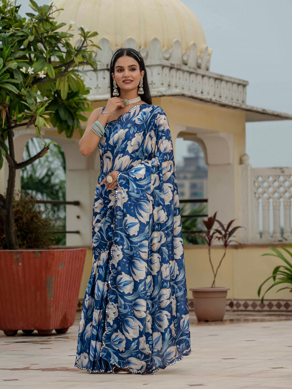 Ready to Wear Deep Royal Blue Heavy Chinnon Printed Saree