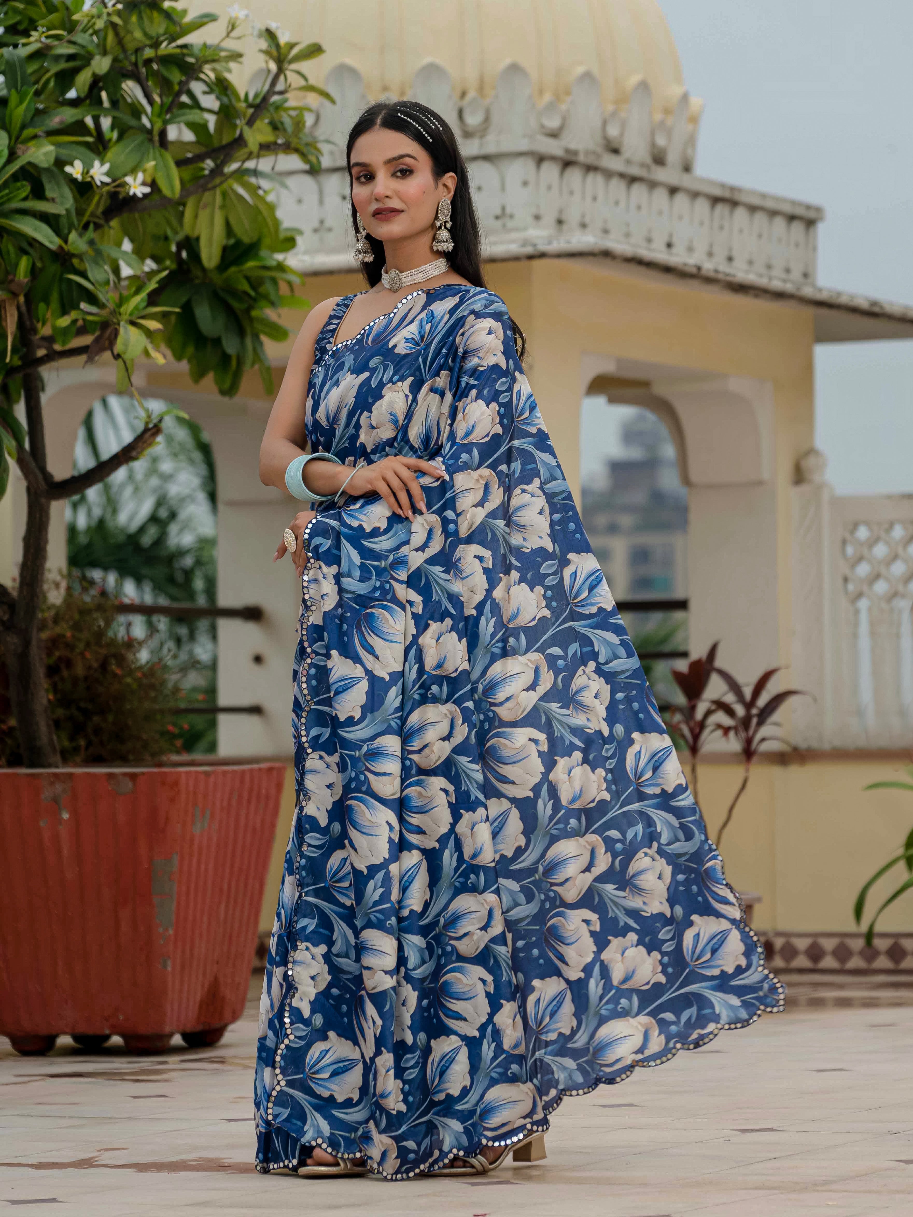 Ready to Wear Deep Royal Blue Heavy Chinnon Printed Saree