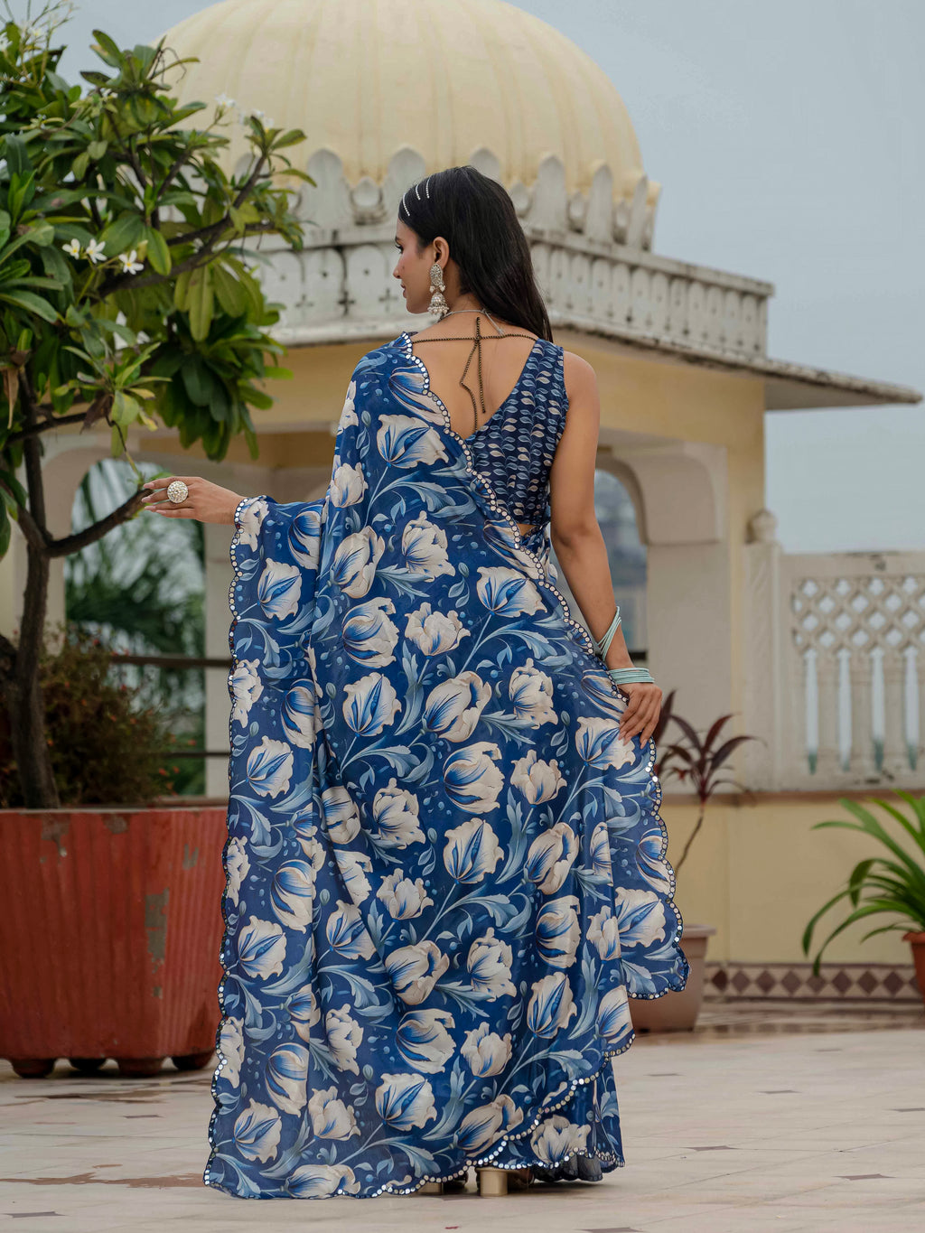 Ready to Wear Deep Royal Blue Heavy Chinnon Printed Saree
