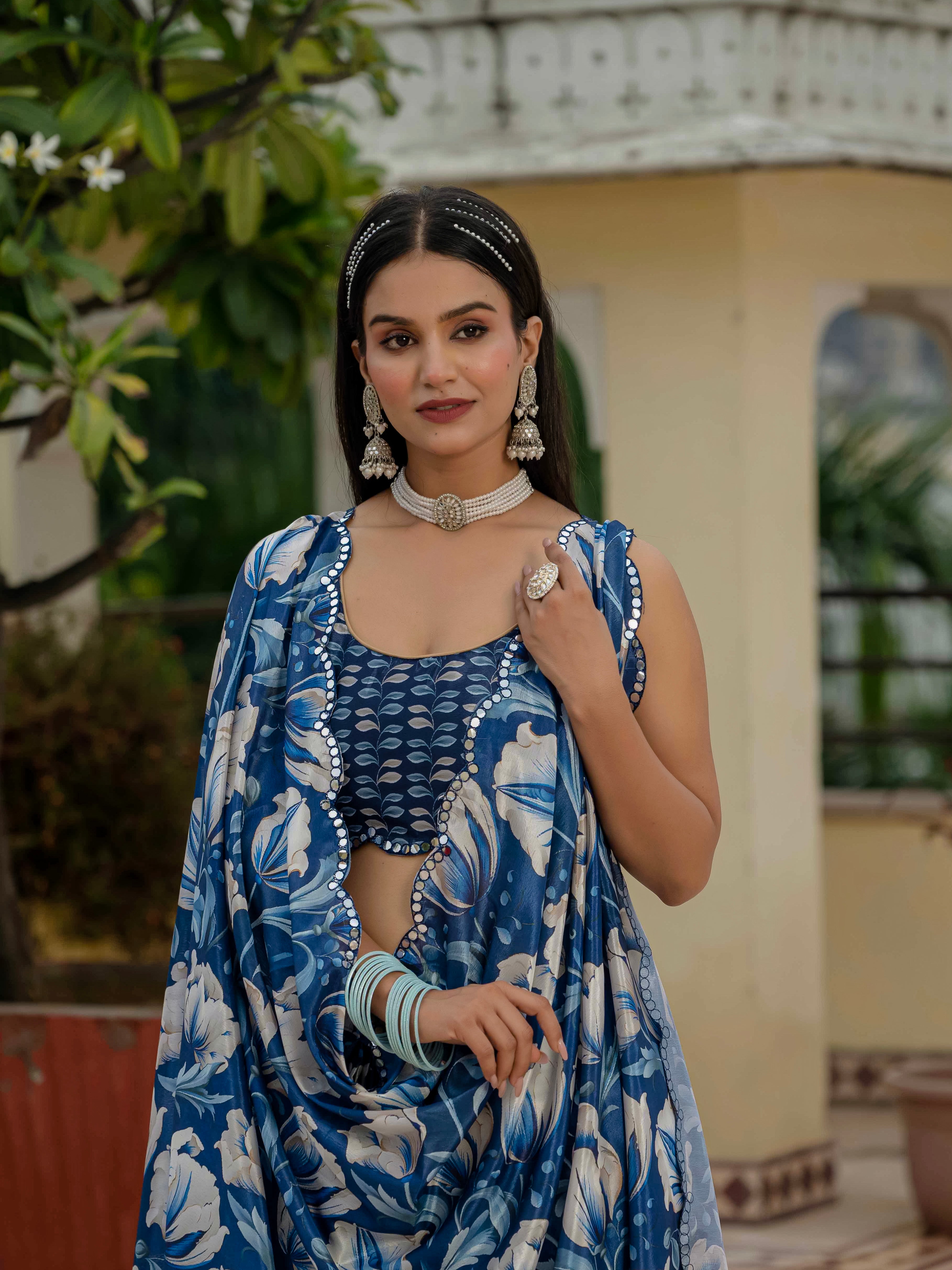 Ready to Wear Deep Royal Blue Heavy Chinnon Printed Saree