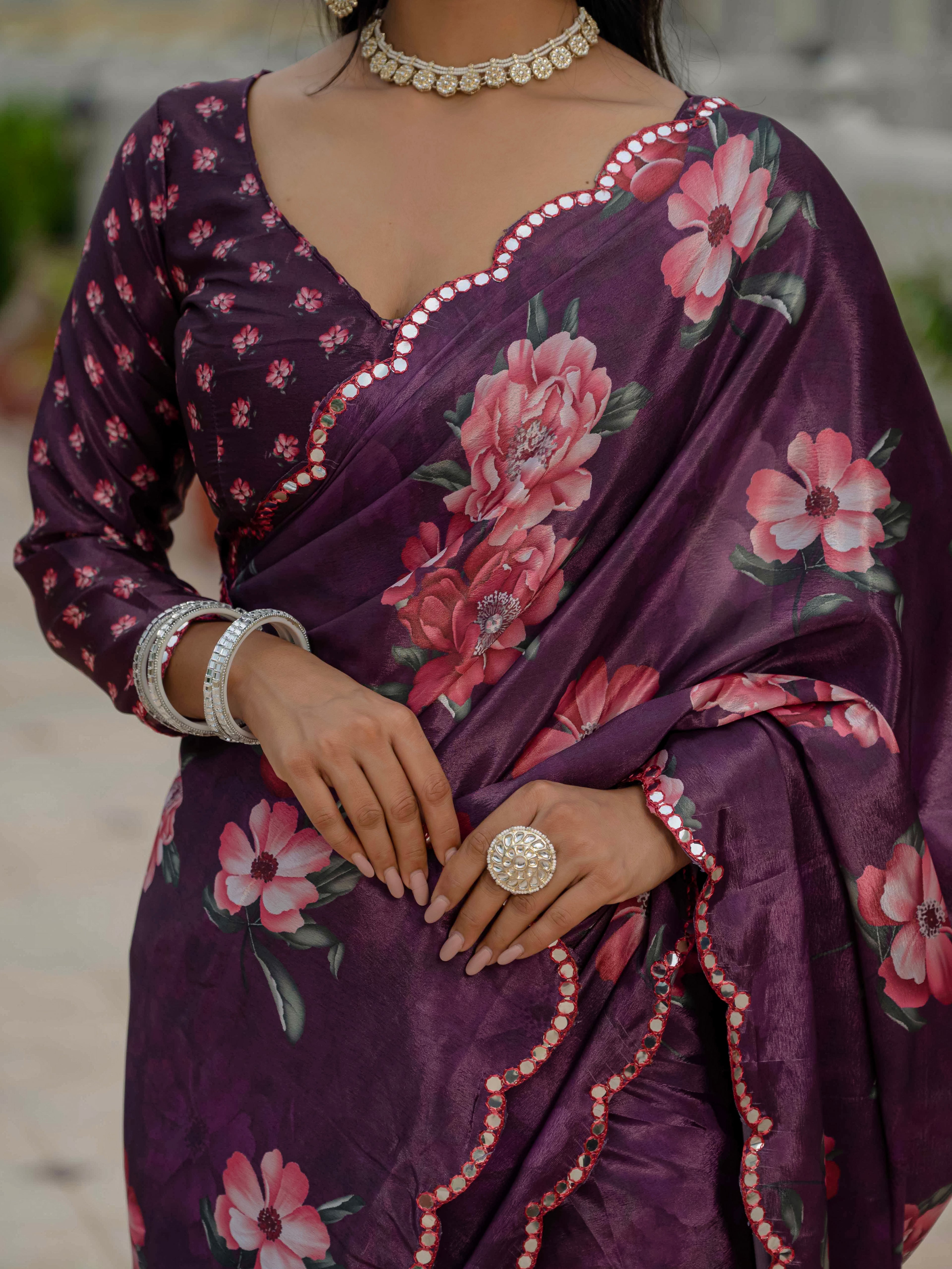 Ready to Wear Deep Wine Heavy Chinnon Printed Saree