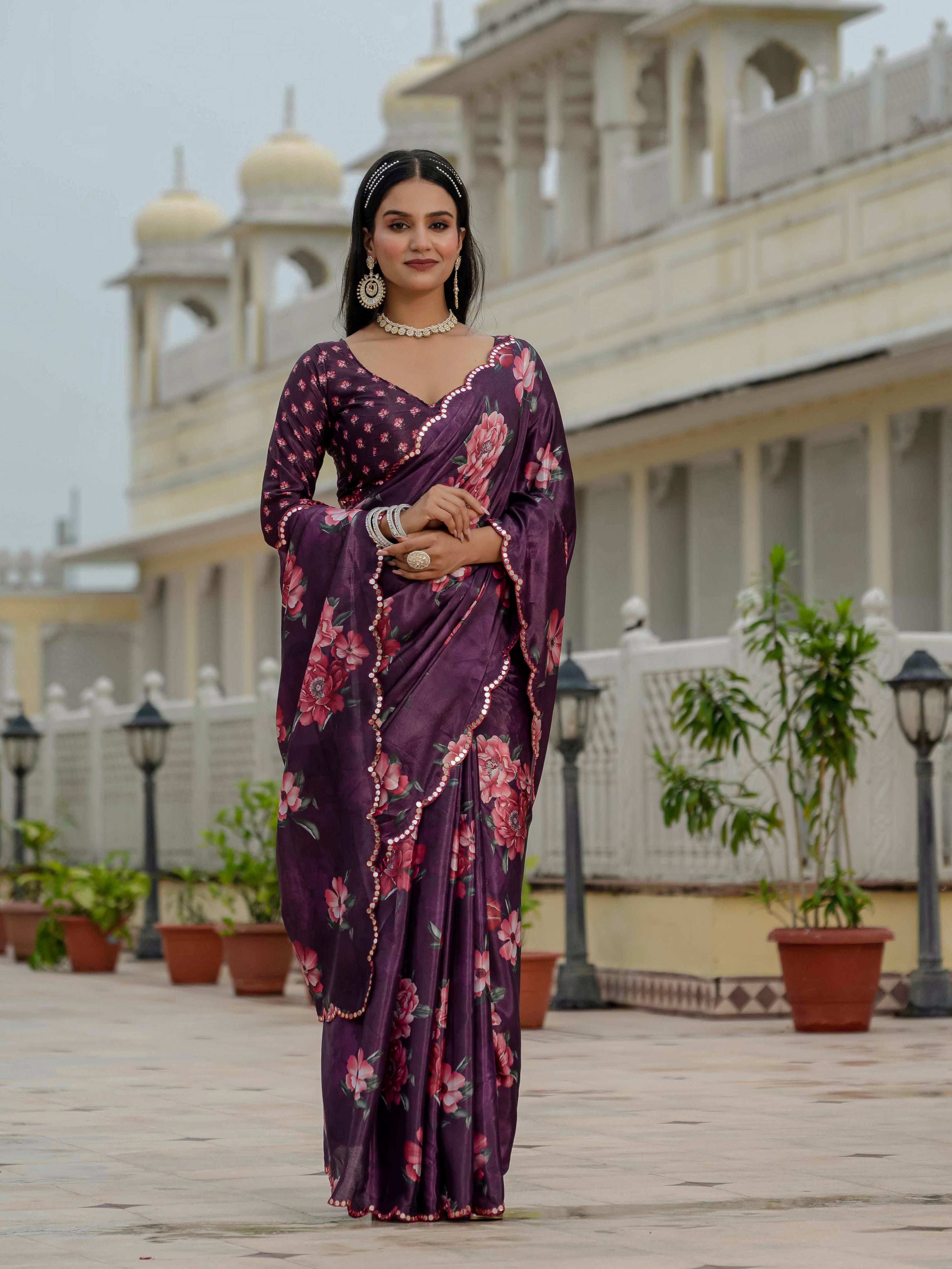 Ready to Wear Deep Wine Heavy Chinnon Printed Saree