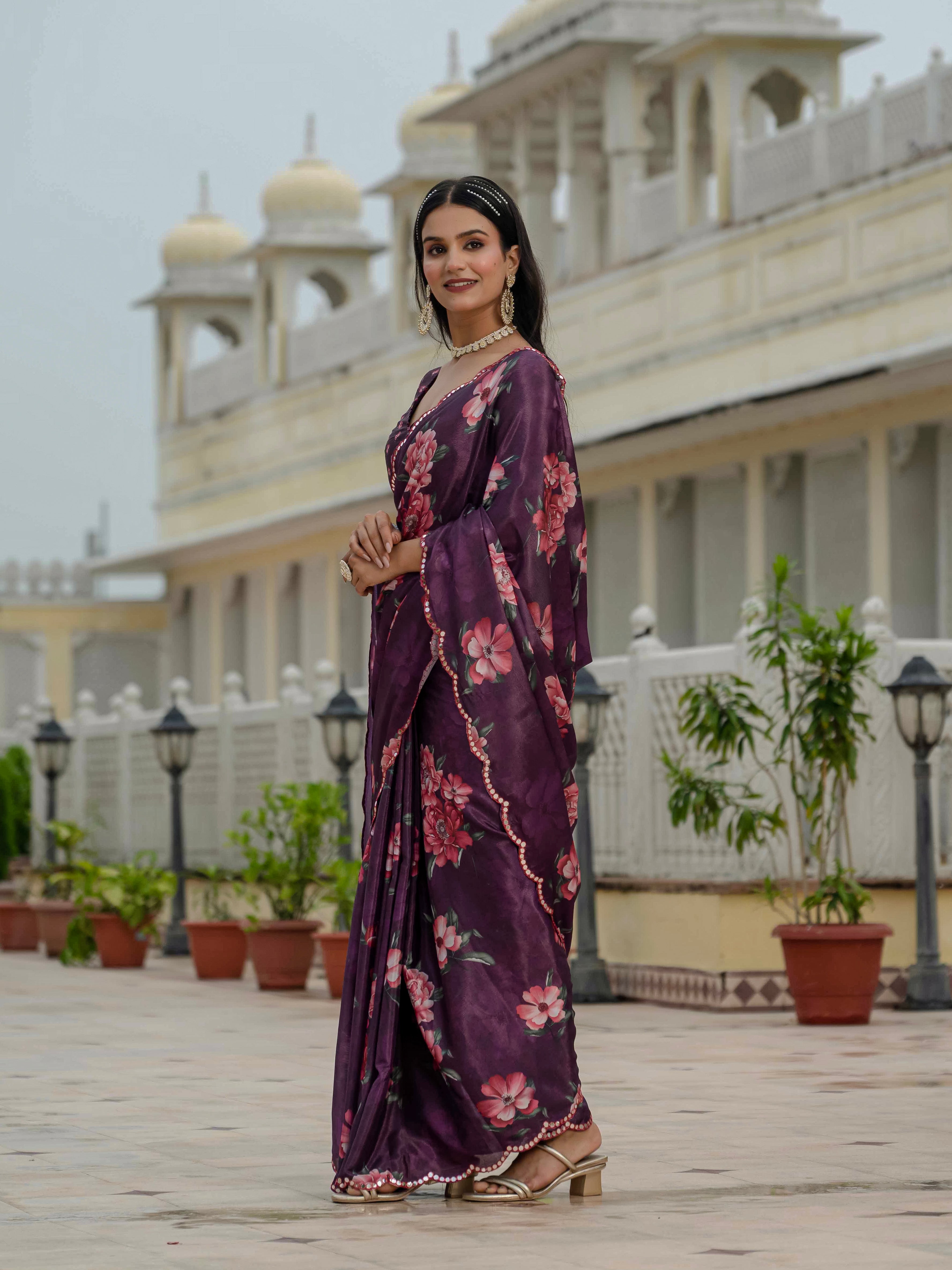 Ready to Wear Deep Wine Heavy Chinnon Printed Saree