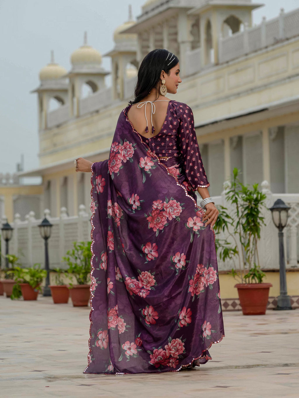 Ready to Wear Deep Wine Heavy Chinnon Printed Saree