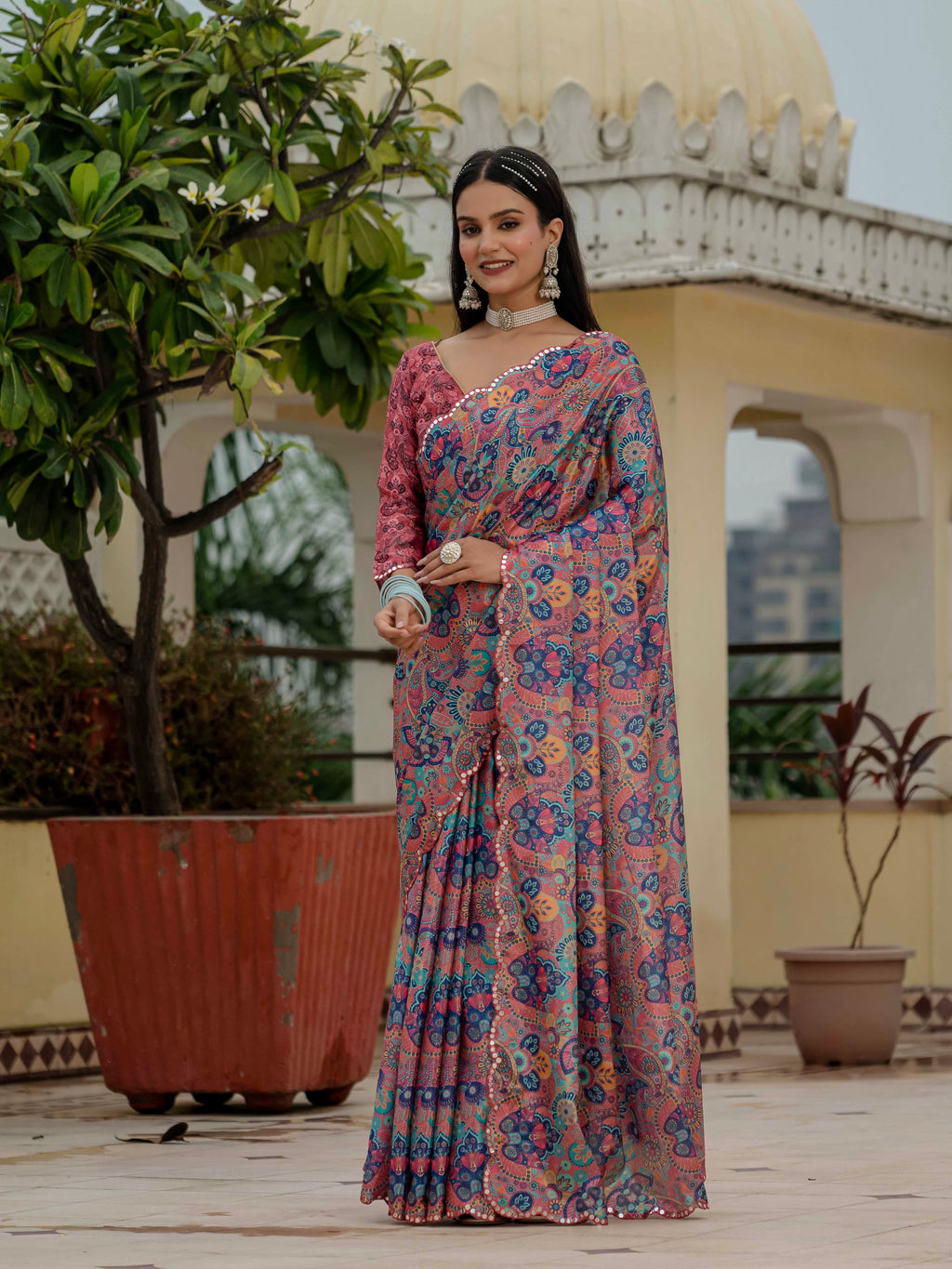 Ready to Wear Dusty Rose Heavy Chinnon Printed Saree